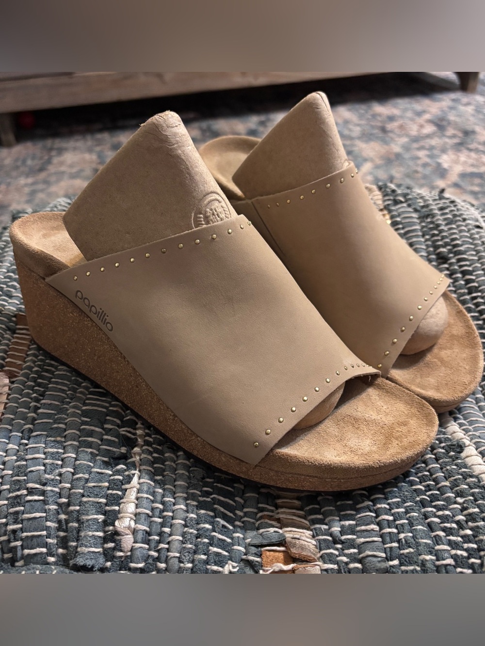 Papillio Tan Nubuck Cork Wedge Slide Mules with Stud Accents size 10